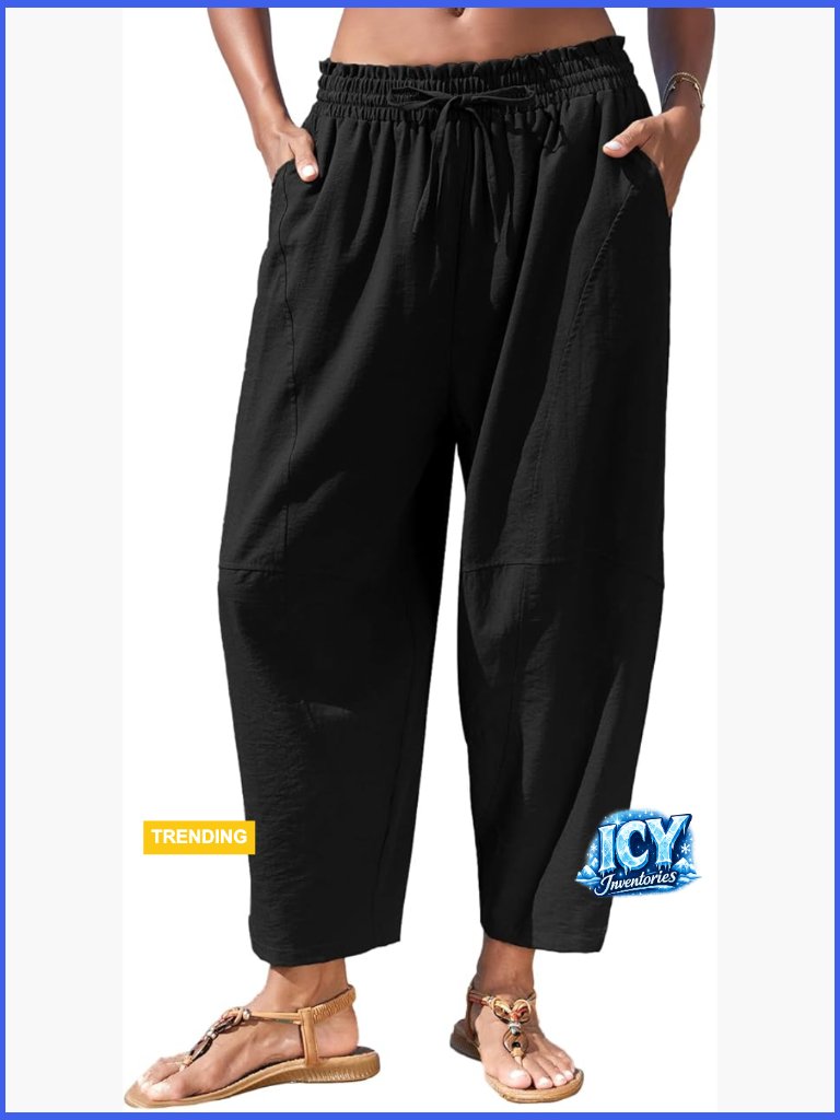 Wide Leg Harem Palazzo Trousers With Pockets Drawstring Elastic Waist